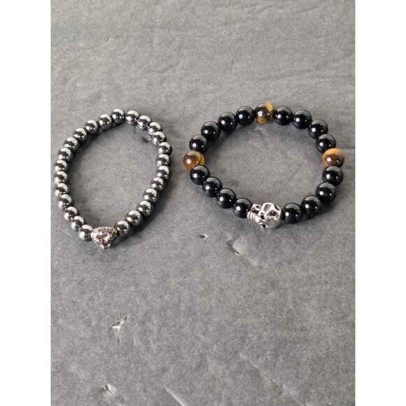Unbranded Jewelry - Tiger Eye Black Onyx Stone Skull & Hematite Lion Head Stretch Bracelets(2)